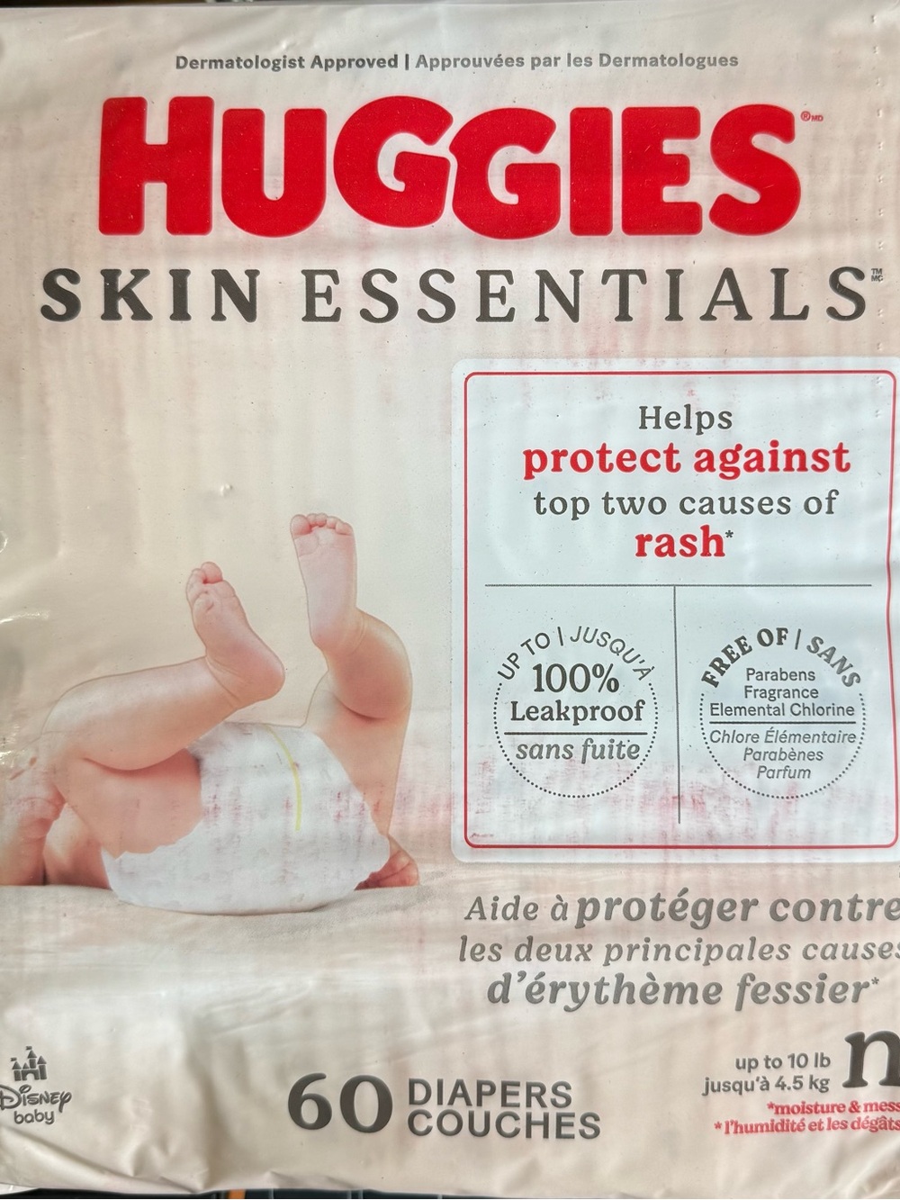 Huggies Skin Essentials Disney Diapers, Size Newborn (Up to 10 lbs), 60ct